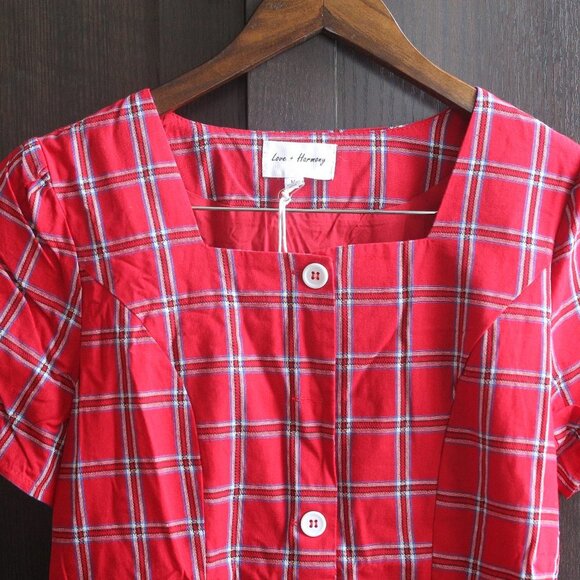 NWT Square Neckline Red Retro Vintage Plaid 100%cotton Mini Dress. - Picture 2 of 9